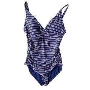 NipTuck Swim Swimsuit Size 8 Sailor Stripe One Piece Navy Red Tummy Cont…